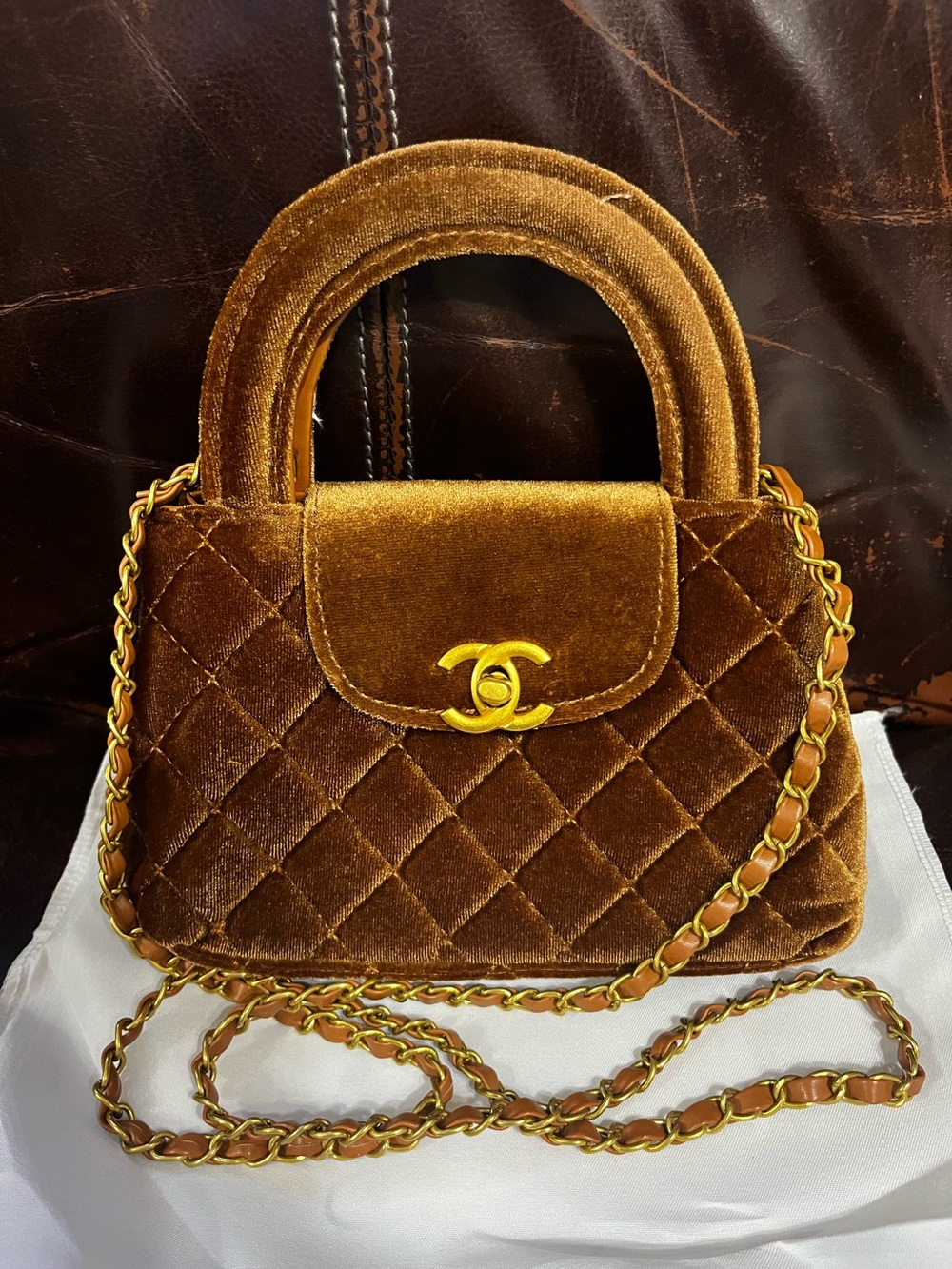 Double C Designer Nano Kelly Shopper Brown Velvet Bag Purse